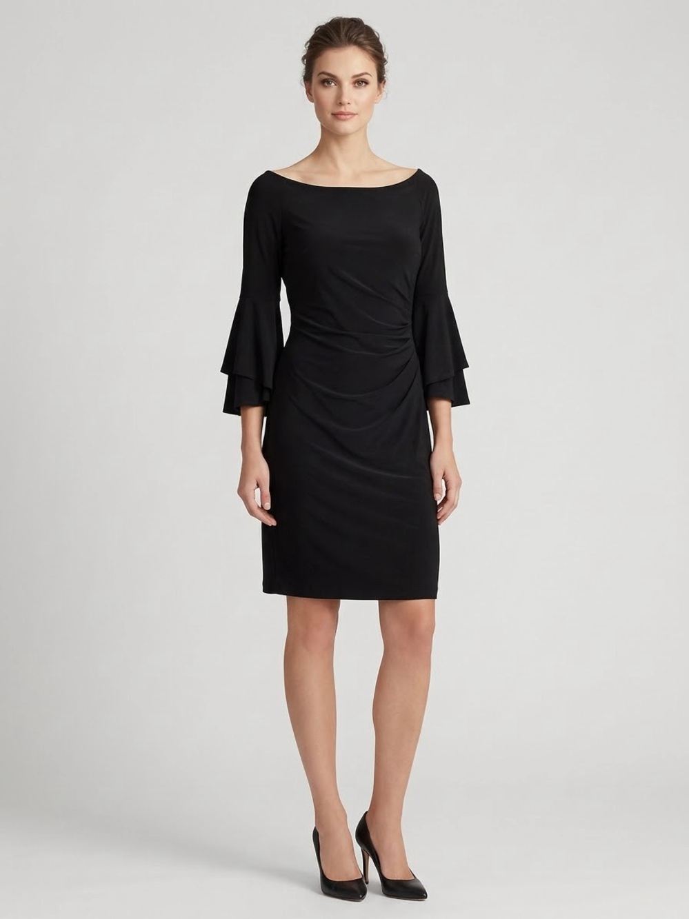 Ralph Lauren Black Boatneck Midi Dress with Ruffle Sleeves